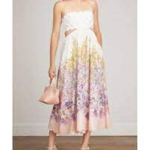 Zimmermann Jude Scallop Floral Cut Out Open Back Midi Linen Dress AU0